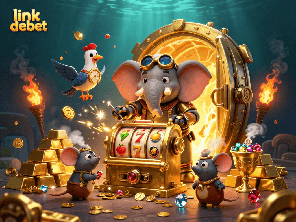 Engage with thrilling slots at link debet, featuring a steampunk elephant amidst gold treasures and vibrant symbols.