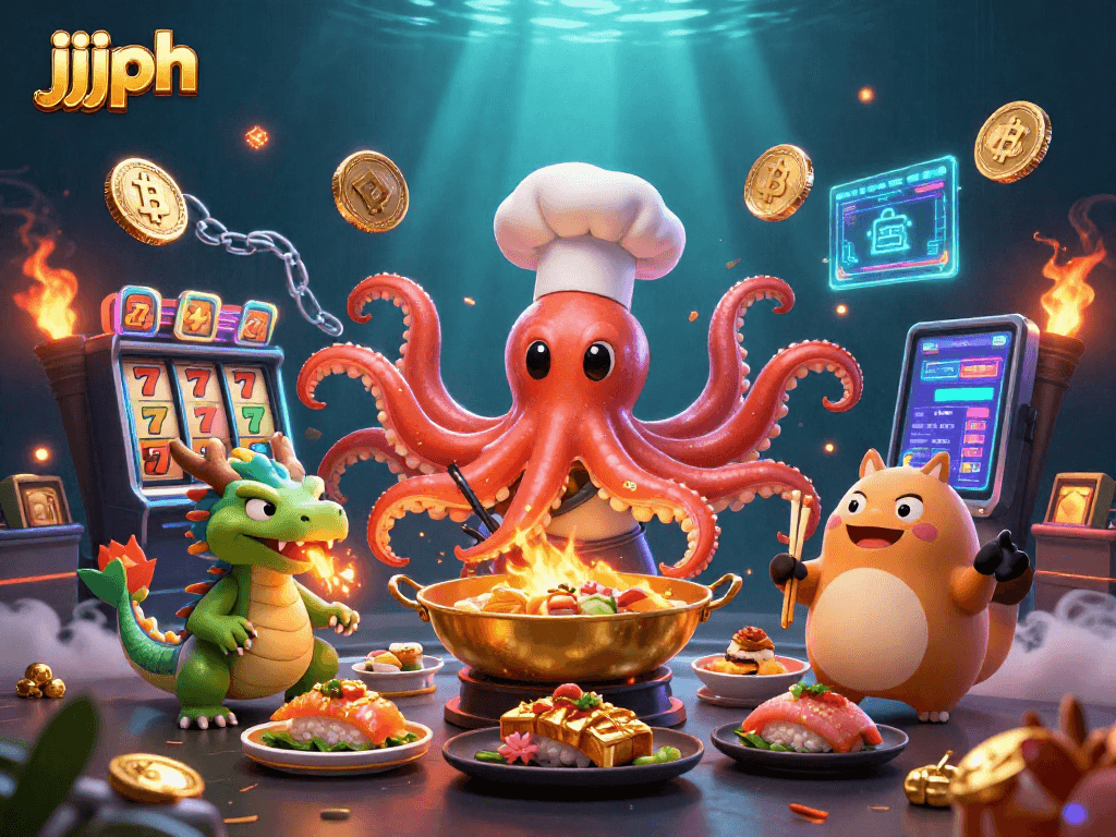 Ang jjjph ay isang nakakaengganyong eksena ng isang sushi chef na pugita na nagluluto sa isang casino na may kasamang dragon at tanuki.
