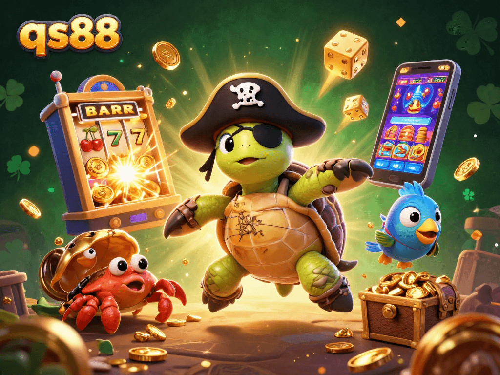 Experience the thrill of qs88 with a vibrant casino scene featuring cartoon pirate characters and jackpot winnings.