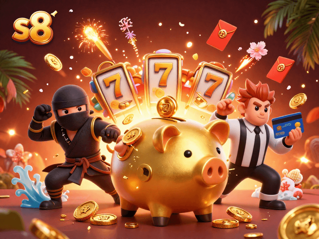 Experience the thrill of s8 gaming with a dynamic scene featuring golden piggy bank wrestler against vibrant casino elements.