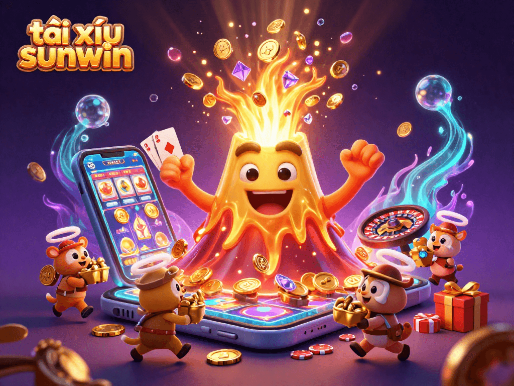 Experience the adventure of tài xỉu sunwin, featuring a triumphant volcano erupting coins and playful treasure-seeking animals.