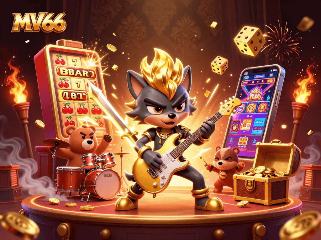 MV66 offers a vibrant casino experience with our cartoon rock star wolf and thrilling jackpot scenes.