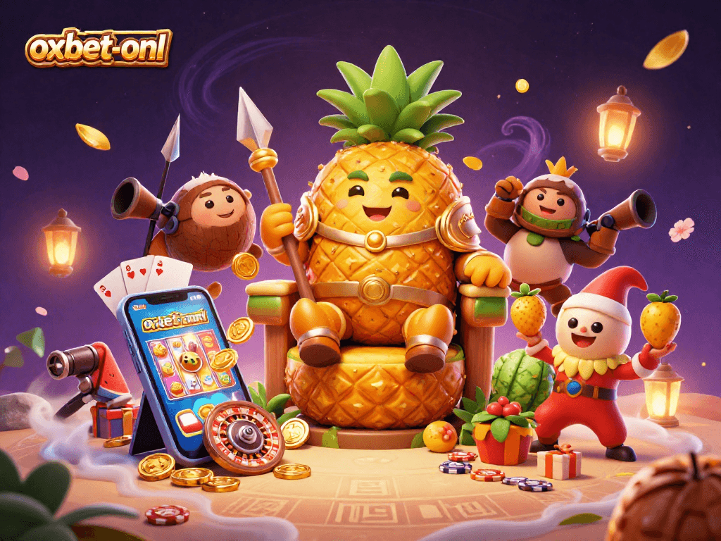 Experience the vibrant gaming ambiance of oxbet-onl with a whimsical casino scene featuring the pineapple king and game elements.