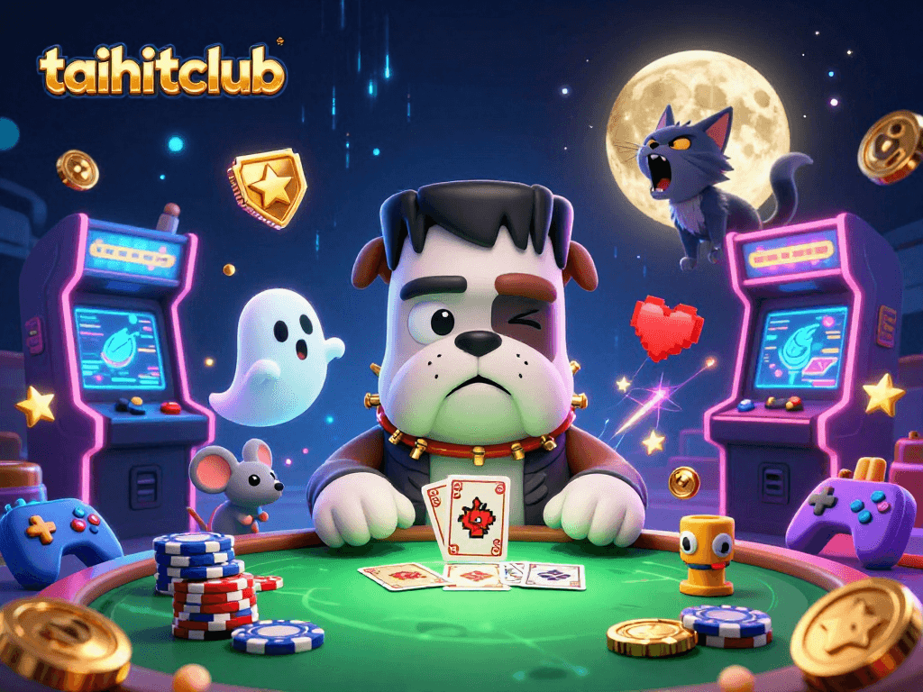 Engage with thrilling card games at taihitclub featuring whimsical characters in an electrifying casino scene.