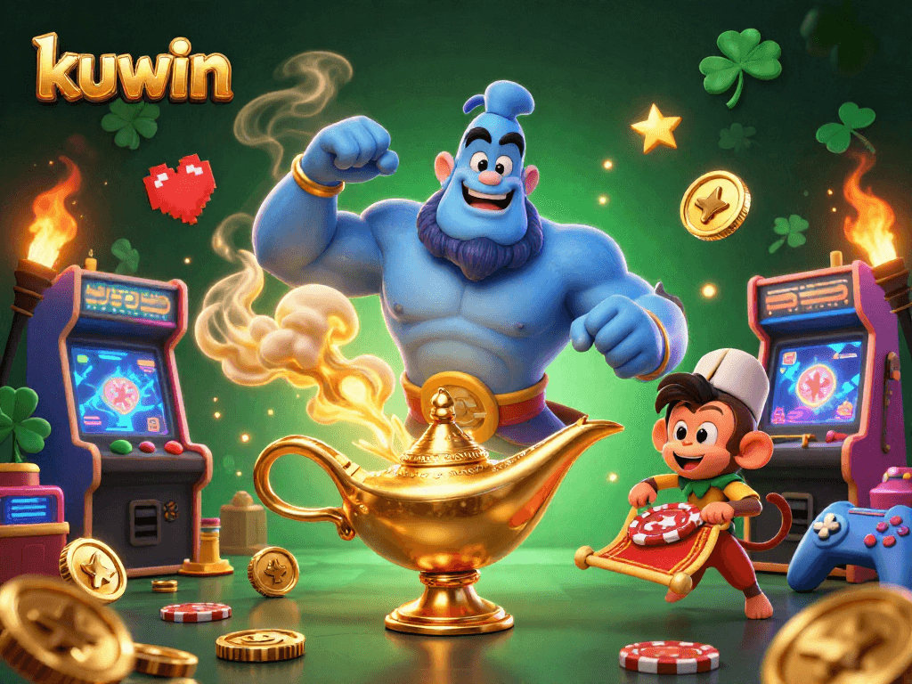 Kuwin offers a vibrant gaming experience, showcasing a genie and magic symbols in a lively casino scene.