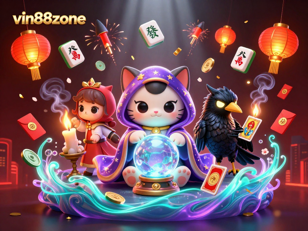 Experience vin88zone with a vibrant 3D casino scene featuring fortune teller cat and tarot raven.