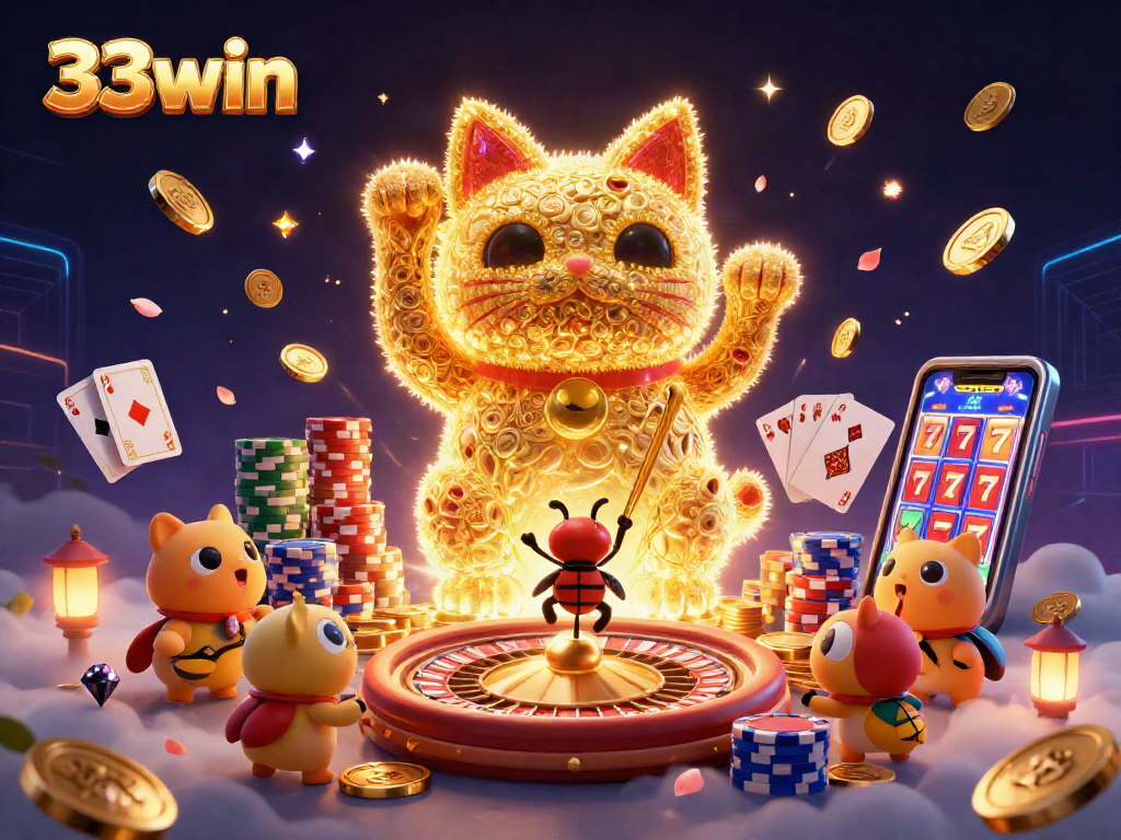 Experience the excitement of 33win with a dynamic illustration of casino elements and a lucky cat.