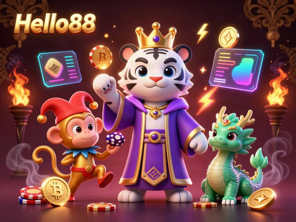 Experience the vibrant casino atmosphere with Hello88, featuring a royal tiger, lively monkey, and dragon.