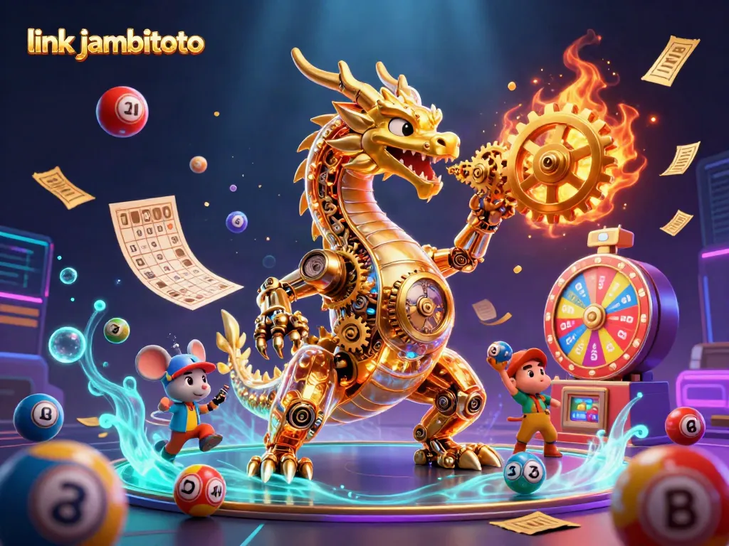 Experience the excitement of lottery with link jambitoto's vibrant 3D illustration featuring a golden dragon and colorful game elements.