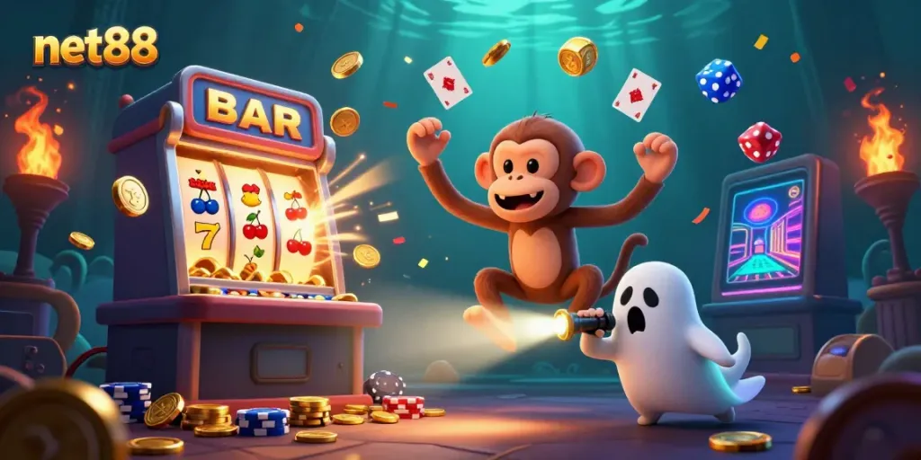Experience thrilling jackpots and games with net88 in this vibrant haunted casino scene.