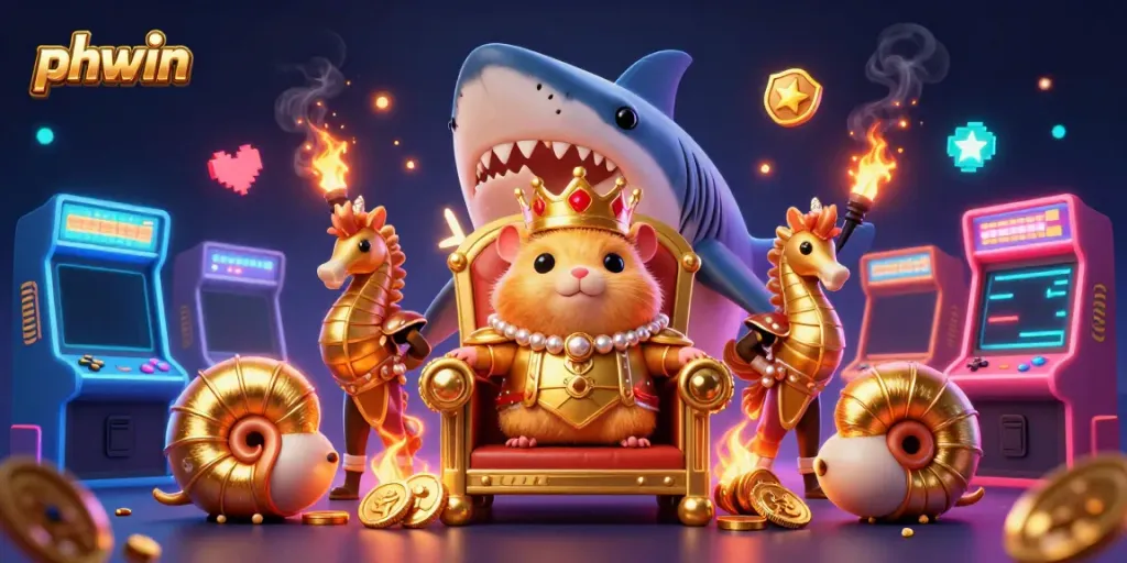 Engage with the vibrant phwin gaming scene featuring cartoon characters among dynamic casino elements.