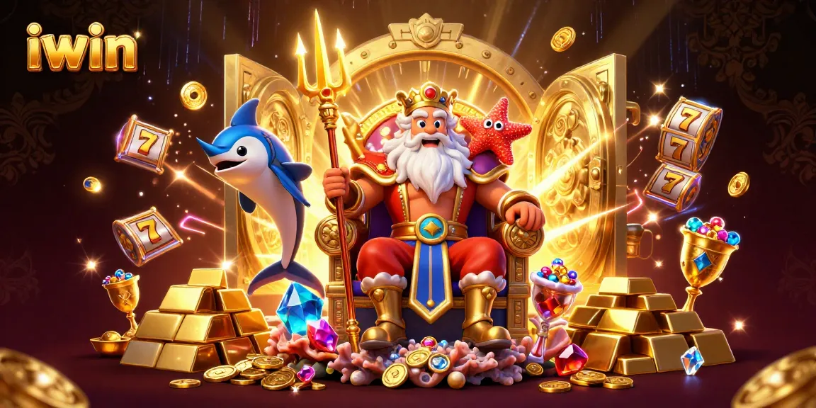 Experience iwin's thrilling slots with Neptune and treasures in this vibrant illustration.