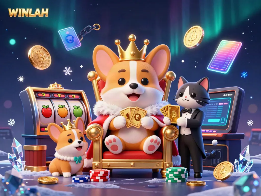 Experience the WINLAH casino through a rich, vibrant scene featuring a royal corgi and games.