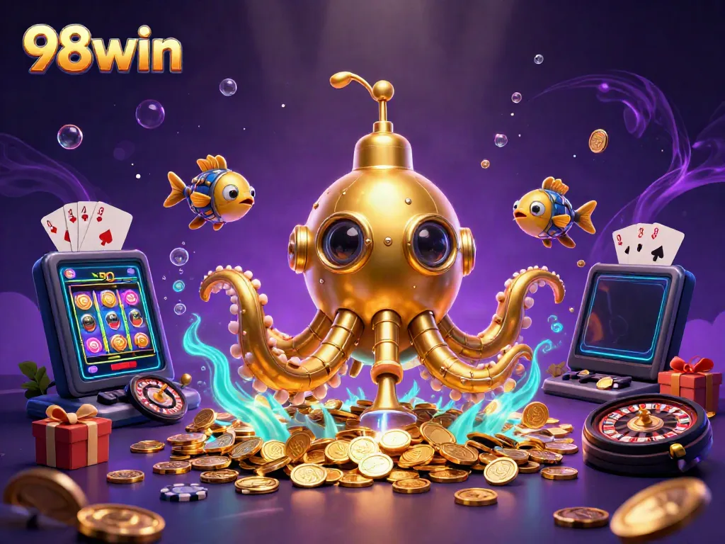 Get ready to explore 98win's underwater casino adventure with golden kraken and treasures.