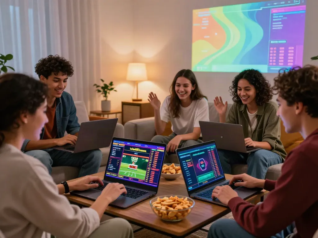 Friends enjoying online betting at https://vin88.team/ in a cozy living room environment.