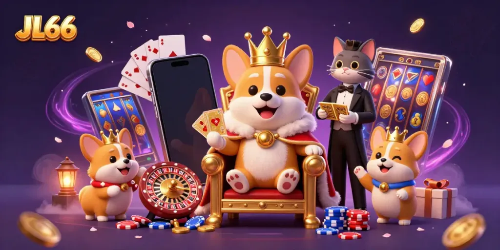 Spin the reels at JL66 Casino with an animated royal corgi surrounded by gambling elements.