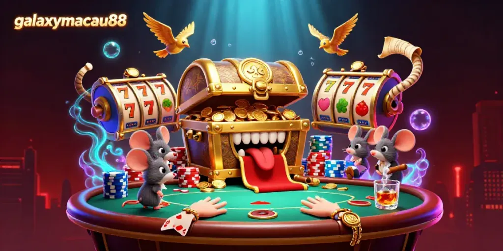 Experience the thrills of galaxymacau88 with vibrant casino elements and a treasure chest inviting adventurer mice.