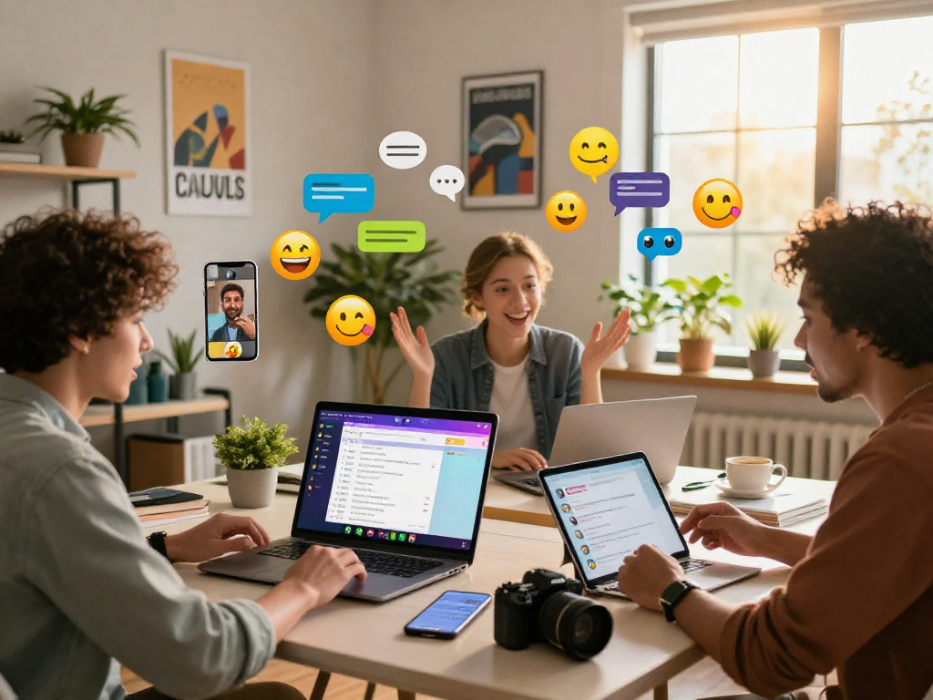 Engaging lively chat scene illustrating juicy chat interactions on multiple devices in a colorful home office.