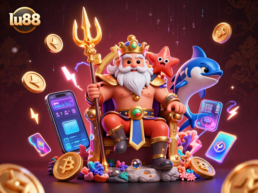 Join the adventure at lu88 Casino with Neptune and playful crypto elements in a vibrant 3D scene!