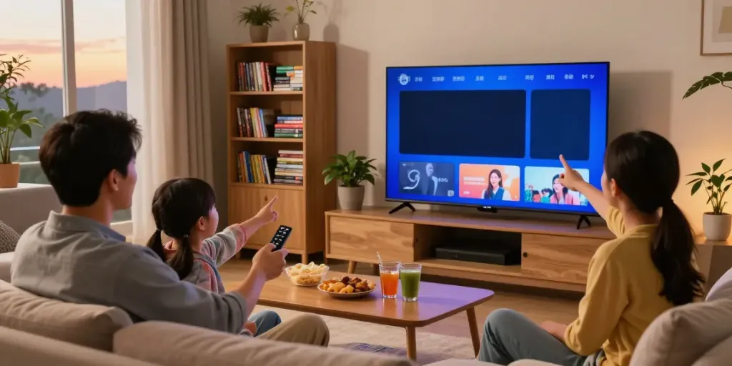 Family enjoying streaming services from top IPTV providers in a cozy living room.
