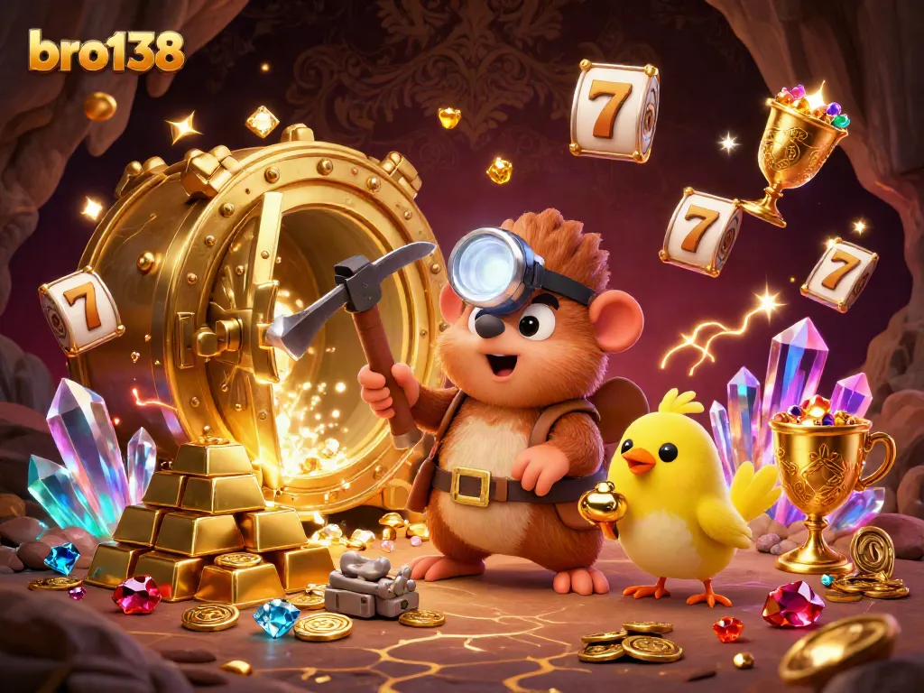 Engage with bro138's treasure hunting fun in a vibrant, jewel-studded casino scene.