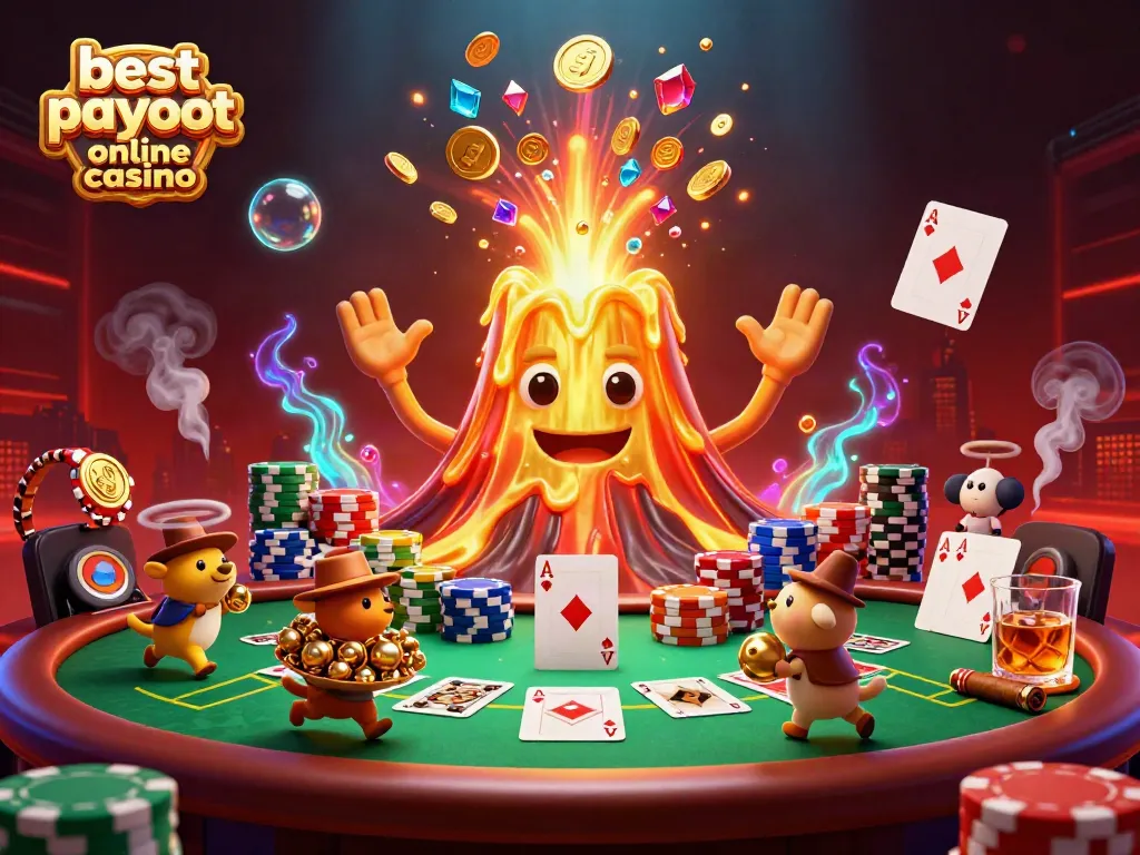 Experience the excitement at the best payout online casino with a volcanic treasure eruption and poker scene.