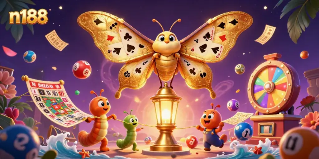 Experience n188's thrilling jackpot with a 3D moth, vibrant lottery balls, and casino elements.