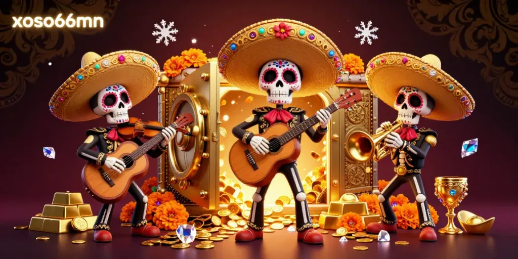 Experience the vibrant energy of xoso66mn with a Day of the Dead mariachi band amid treasures and jewels.