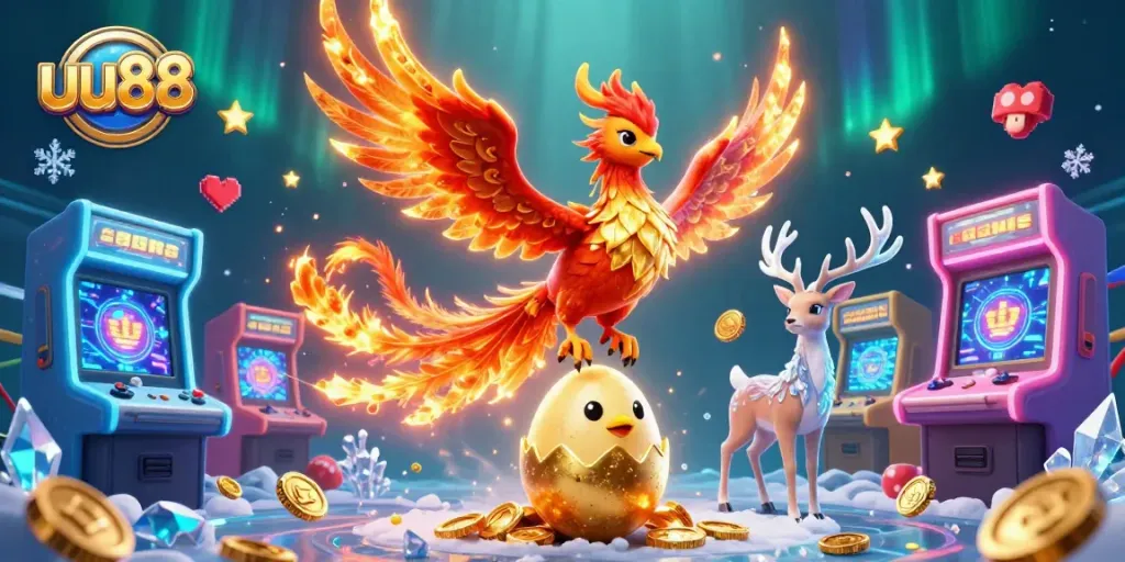 Experience thrilling gaming action at uu88 with a vibrant phoenix amidst 3D arcade excitement.