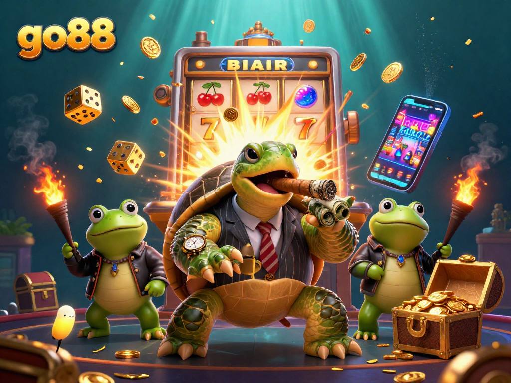 Experience go88 excitement with a cartoon turtle in a casino scene bursting with slot symbols.