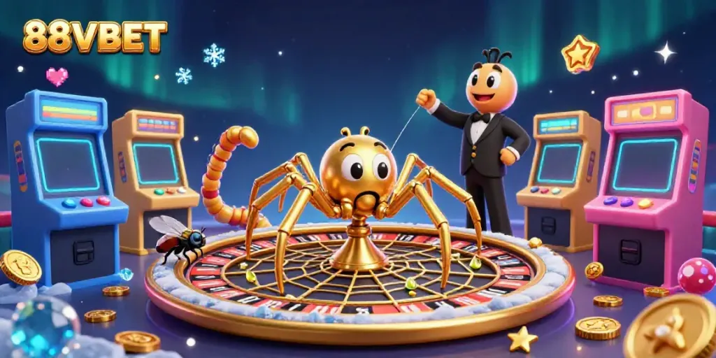 Engage in thrilling betting action with 88VBET at an animated roulette scene featuring inventive characters.