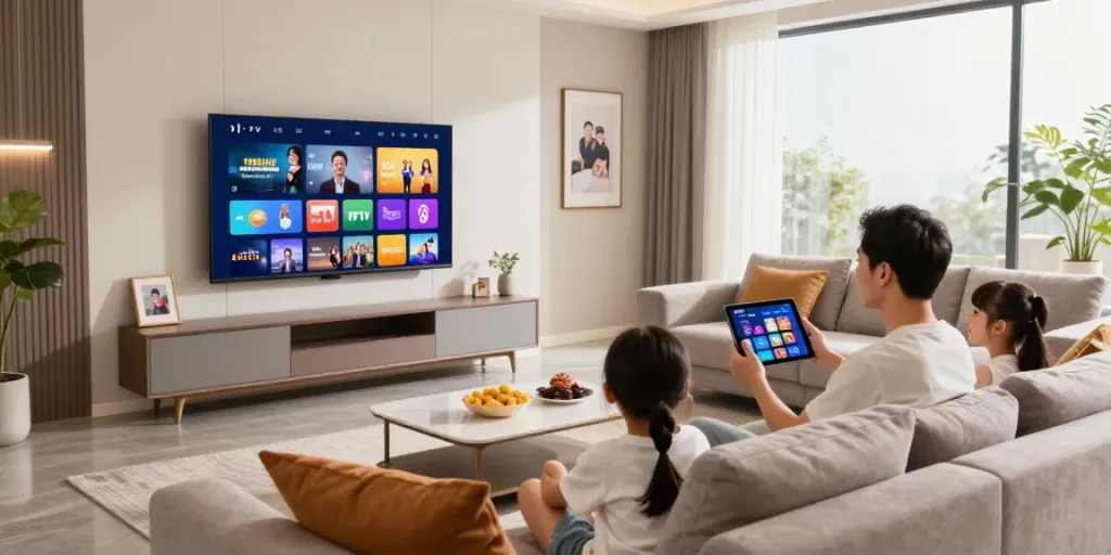 Family enjoying IPTV providers in a modern living room with a smart TV.