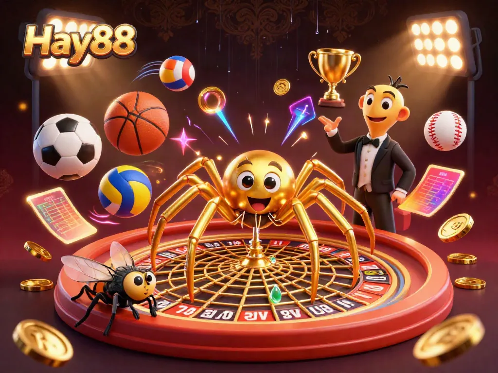 Experience the thrill of Hay88 as a golden spider spins a roulette web while nervously betting fly watches.