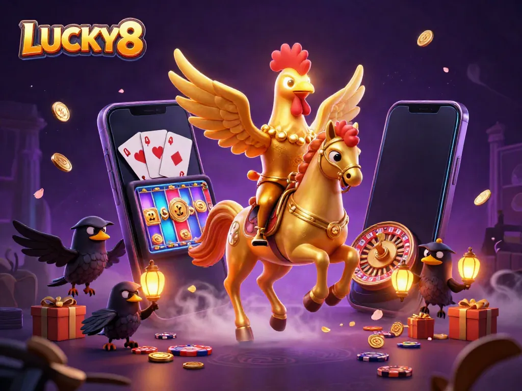 Engage in thrilling gaming at LUCKY8 with vibrant golden rooster characters and dynamic casino elements.