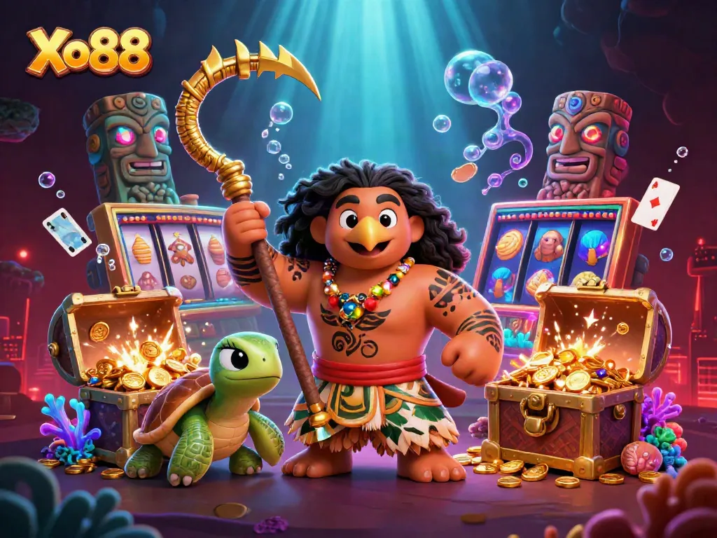 Engage with Xo88's vibrant casino adventure featuring hawk demigod and turtle sidekick amidst glowing treasure.