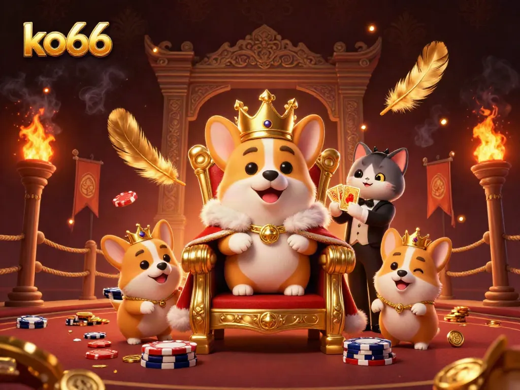 Win big with ko66! Cartoon illustration showcasing a royal corgi on a poker chip throne surrounded by gaming elements.