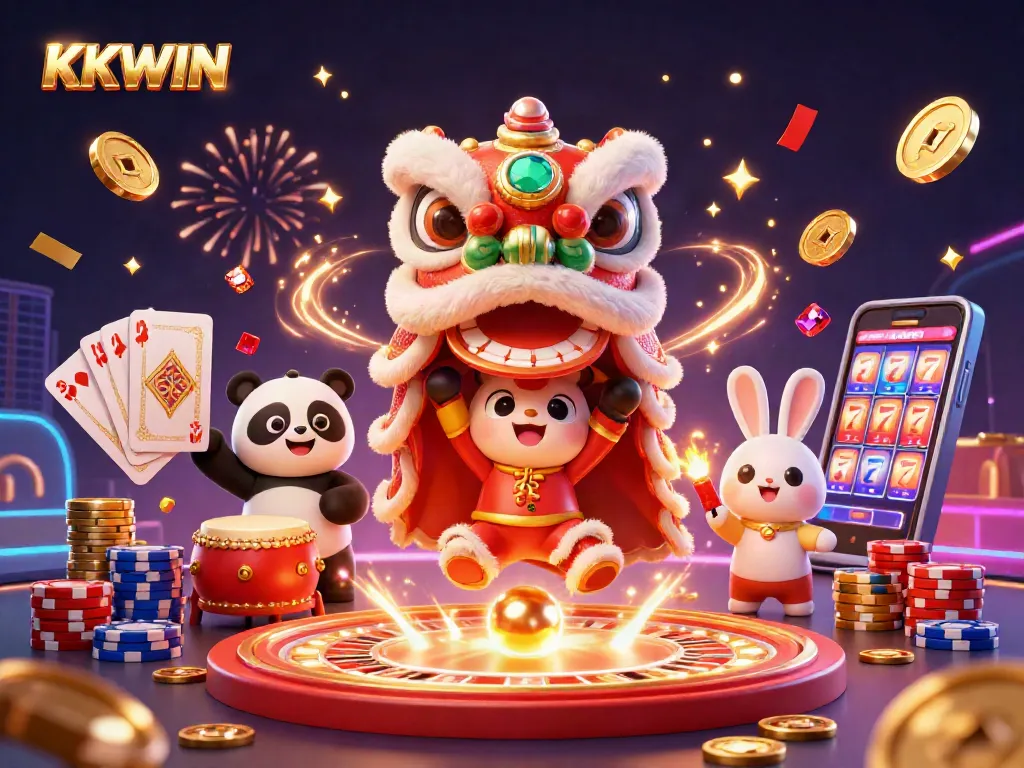Engage with KKWIN's vibrant casino scene featuring lively characters and gaming action.