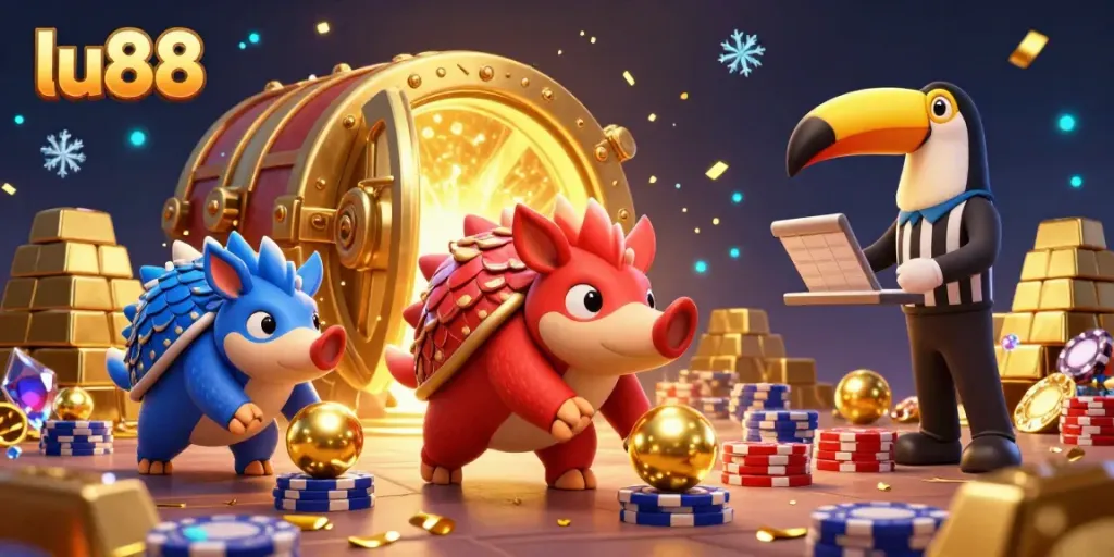 Bowling pangolins and a toucan referee celebrate winnings at lu88 casino with golden treasures in a vibrant scene.
