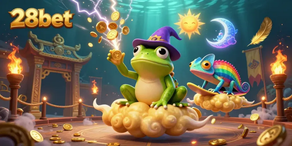 Experience the excitement of 28bet's casino world with vibrant characters and atmospheric effects.