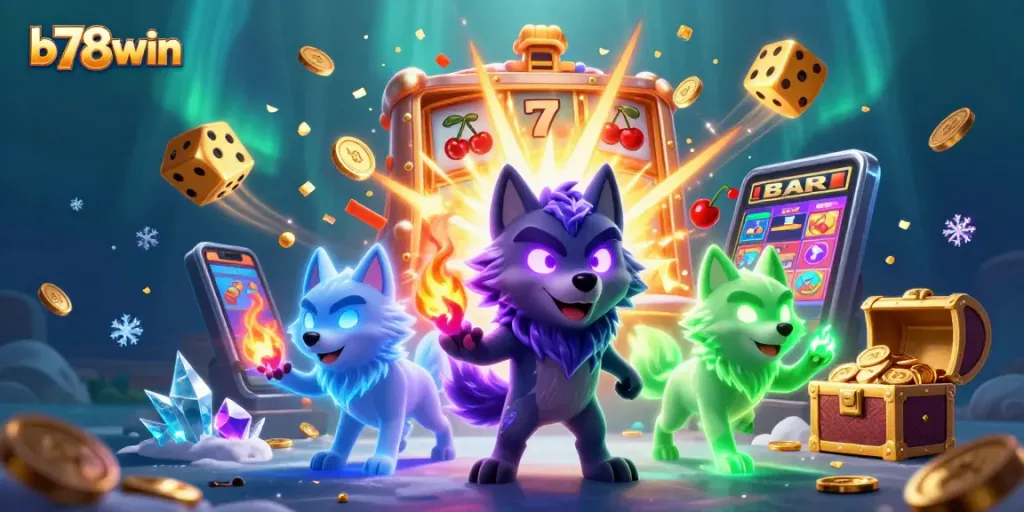 Experience thrilling gameplay at b78win with dynamic 3D illustration of shadow wolves and jackpot excitement.