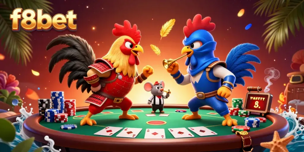 Experience the excitement of f8bet with colorful roosters and dynamic poker action.