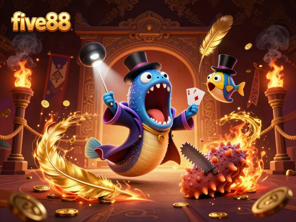 Experience the captivating magic of five88 as creatures perform thrilling games in a vibrant casino scene.