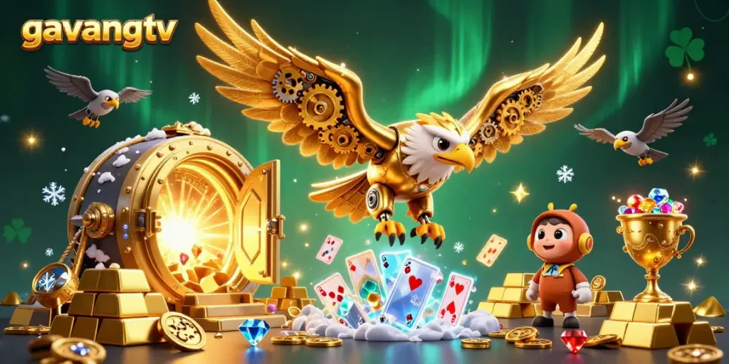 Experience thrilling action with gavangtv's cybernetic eagle amid sparkling treasures and playing cards.