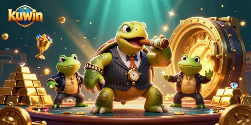 Kuwin casino environment showcasing a vibrant turtle mobster, frog enforcers, and treasures lighting up an exciting gaming scene.