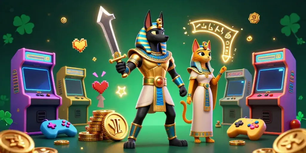 Bet on kèo nhà cái with Anubis warrior and glowing hieroglyphs in a vibrant arcade setting.