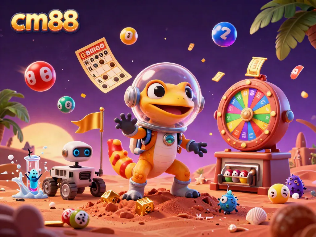 Experience the excitement of cm88 with a Martian gecko discovering a vibrant casino full of thrilling games.