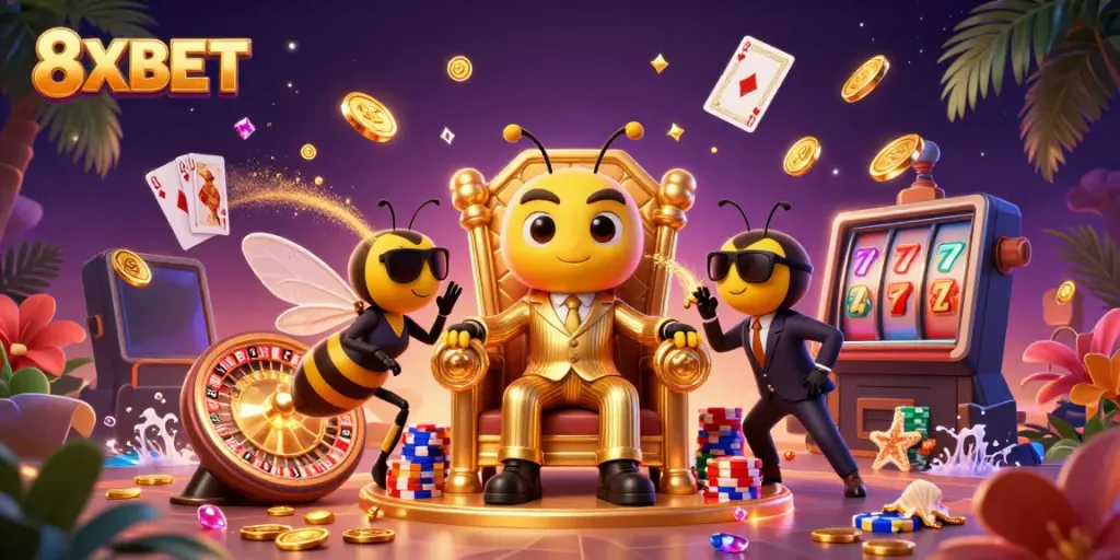 Experience thrilling gameplay with a bumblebee mob boss and sparkling casino elements at 8XBET.