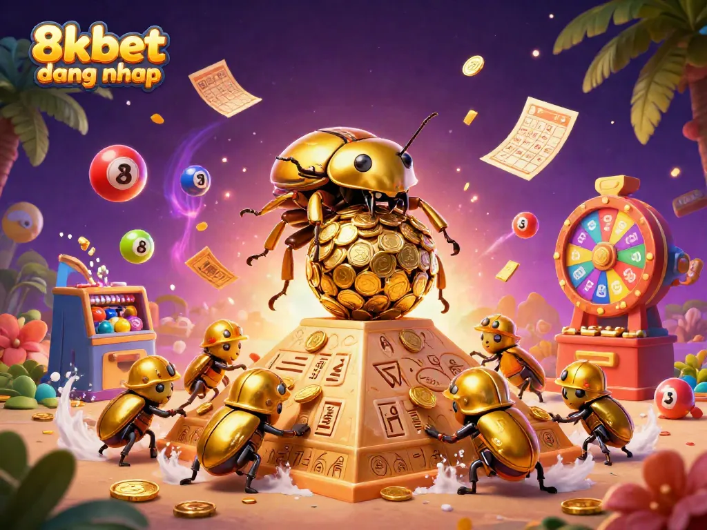 Celebrate the excitement of casino gaming with 8xbet dang nhap as golden beetles roll in coins amidst vibrant lottery elements.