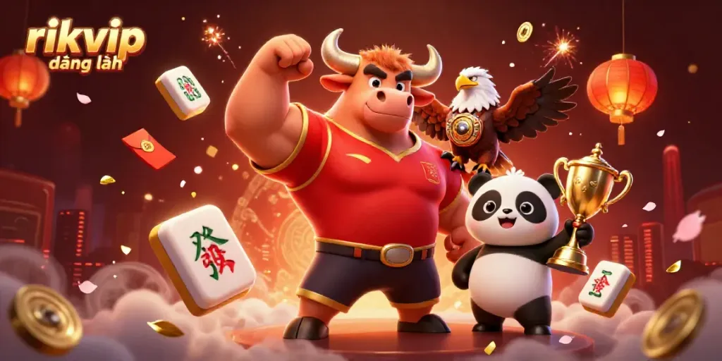 Experience the excitement of rikvip đăng nhập with a dynamic 3D illustration featuring gaming characters and vibrant festive elements.