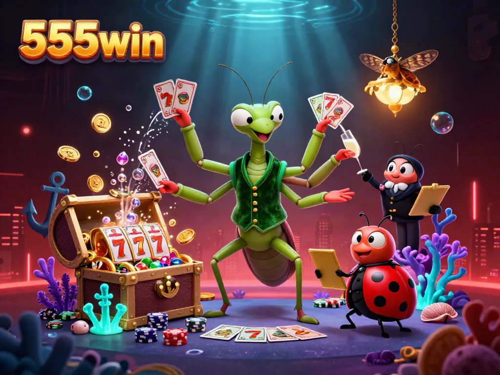 Experience the vibrant world of 555win featuring dynamic casino characters and slot elements.